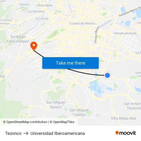 Tezonco to Universidad Iberoamericana map