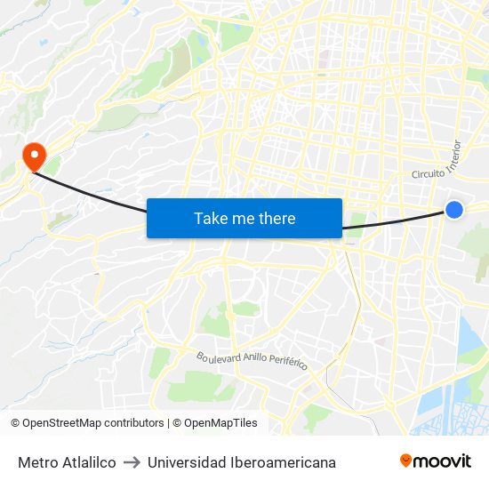 Metro Atlalilco to Universidad Iberoamericana map