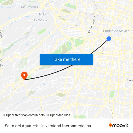 Salto del Agua to Universidad Iberoamericana map