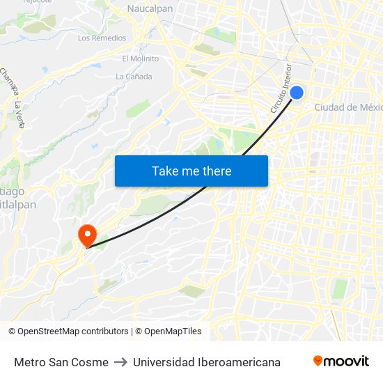 Metro  San Cosme to Universidad Iberoamericana map