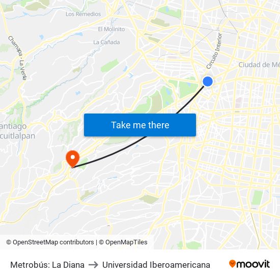 Metrobús: La Diana to Universidad Iberoamericana map