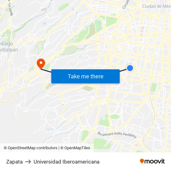 Zapata to Universidad Iberoamericana map