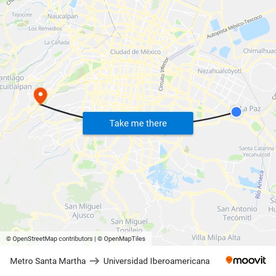 Metro Santa Martha to Universidad Iberoamericana map