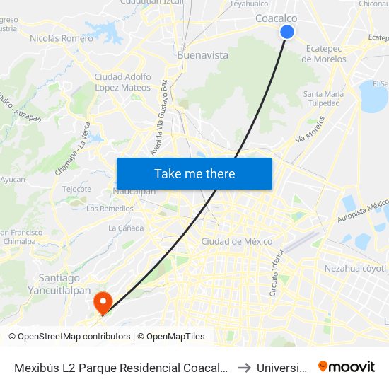 Mexibús L2 Parque Residencial Coacalco Coacalco Coacalco de Berriozábal Estado de México 55000 México to Universidad Iberoamericana map