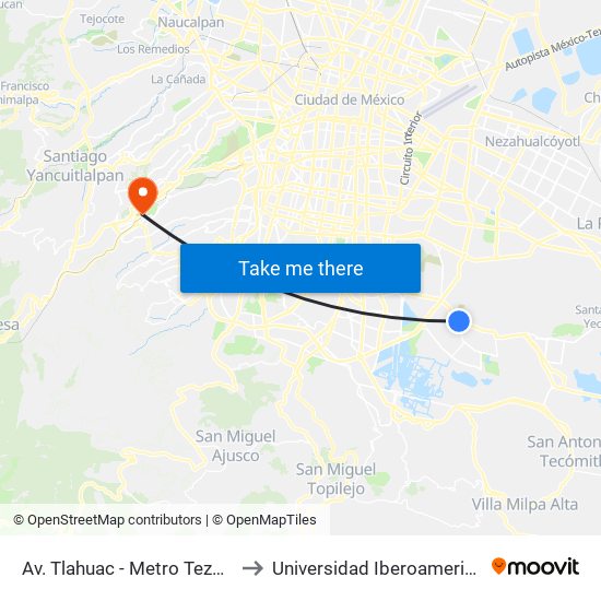 Av. Tlahuac - Metro Tezonco to Universidad Iberoamericana map