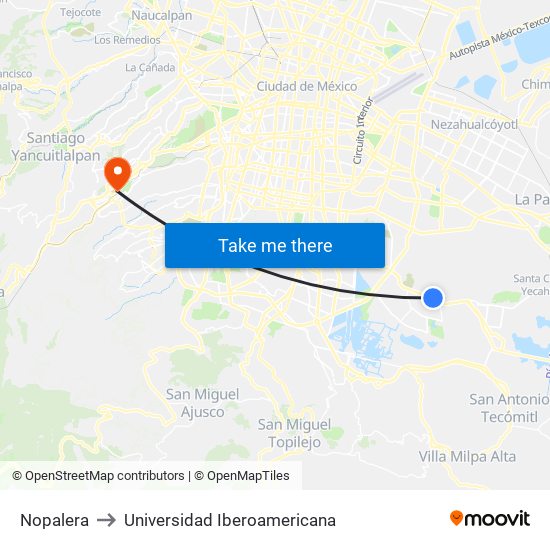 Nopalera to Universidad Iberoamericana map