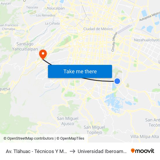 Av. Tláhuac - Técnicos Y Manuales to Universidad Iberoamericana map