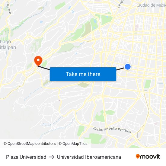 Plaza Universidad to Universidad Iberoamericana map