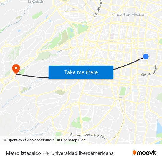 Metro Iztacalco to Universidad Iberoamericana map