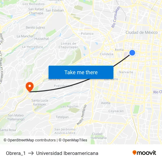 Obrera_1 to Universidad Iberoamericana map