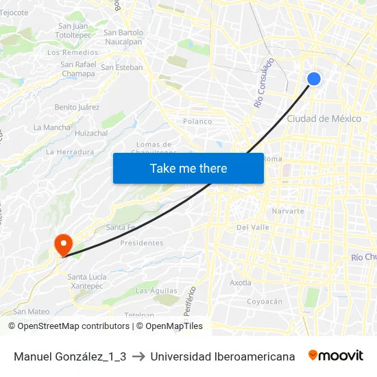 Manuel González_1_3 to Universidad Iberoamericana map