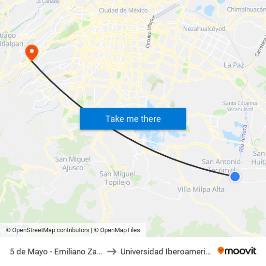 5 de Mayo - Emiliano Zapata to Universidad Iberoamericana map