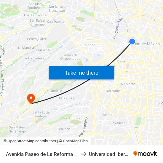 Avenida Paseo de La Reforma - Metro Hidalgo_1 to Universidad Iberoamericana map