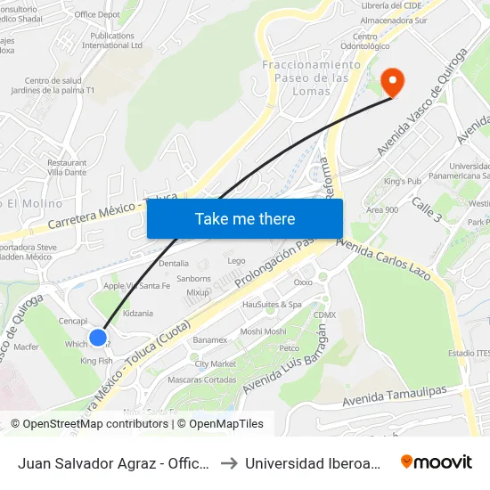 Juan Salvador Agraz - Office Depot_1 to Universidad Iberoamericana map