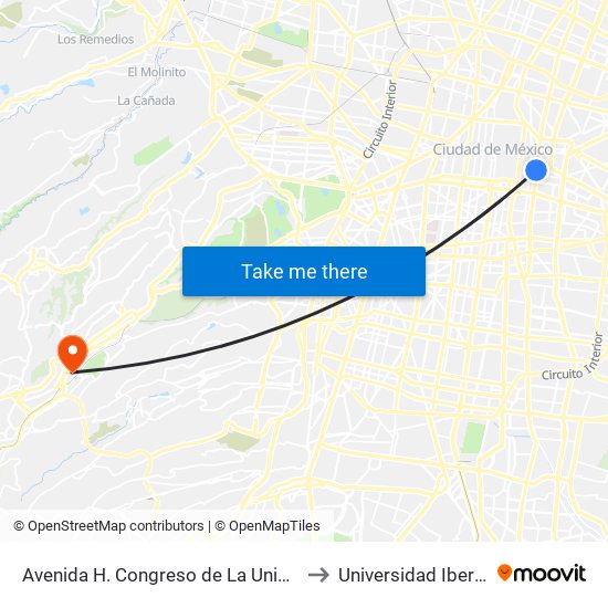 Avenida H. Congreso de La Unión - Metro Candelaria to Universidad Iberoamericana map