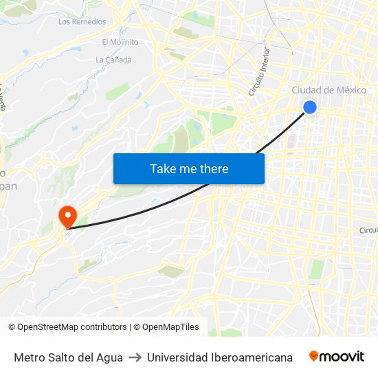 Metro Salto del Agua to Universidad Iberoamericana map