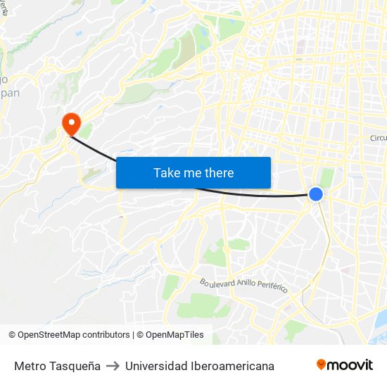 Metro Tasqueña to Universidad Iberoamericana map