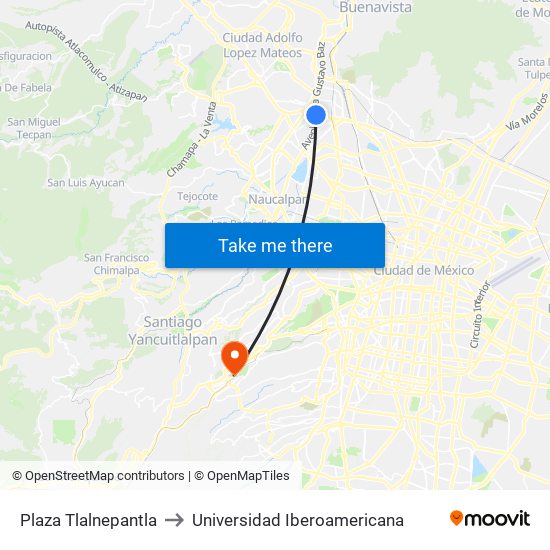 Plaza Tlalnepantla to Universidad Iberoamericana map