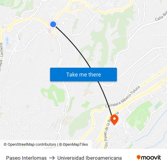 Paseo Interlomas to Universidad Iberoamericana map