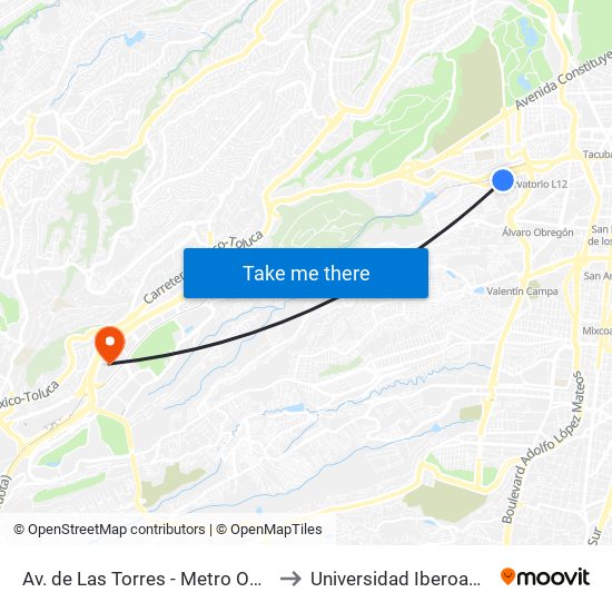 Av. de Las Torres - Metro Observatorio to Universidad Iberoamericana map