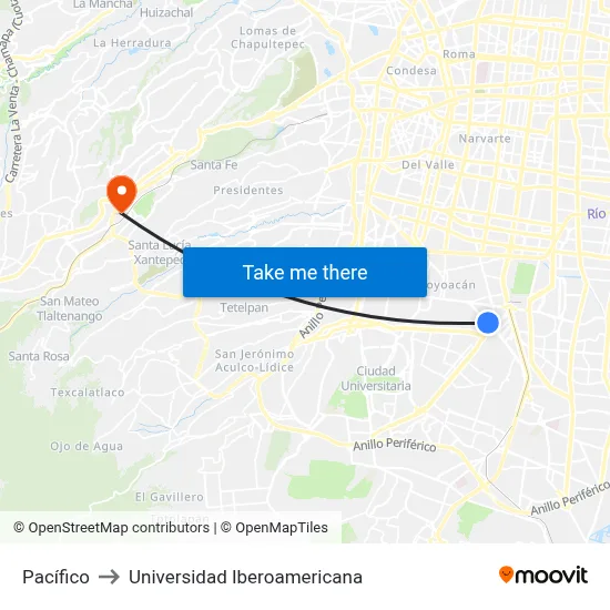 Pacífico to Universidad Iberoamericana map