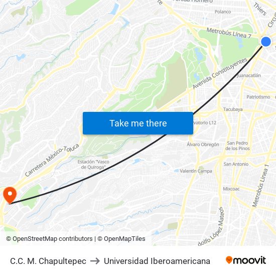 C.C. M. Chapultepec to Universidad Iberoamericana map