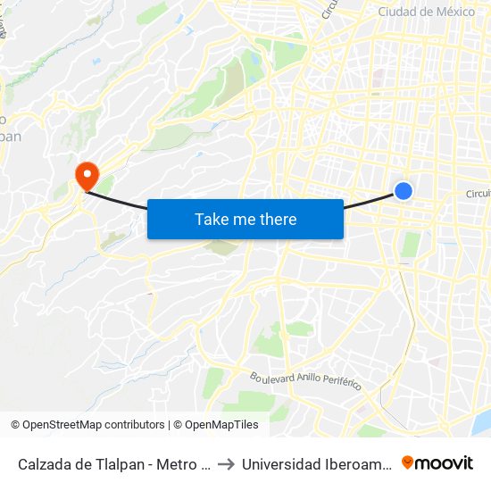 Calzada de Tlalpan - Metro Portales to Universidad Iberoamericana map