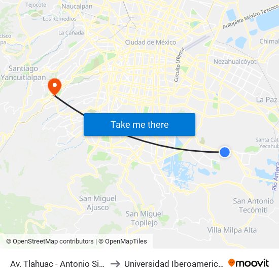 Av. Tlahuac - Antonio Sierra to Universidad Iberoamericana map