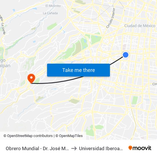 Obrero Mundial - Dr. José María Vertiz to Universidad Iberoamericana map