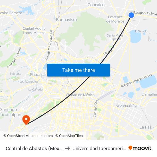 Central de Abastos (Mexibús) to Universidad Iberoamericana map