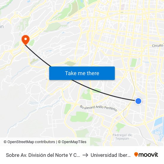 Sobre Av. División del Norte Y Calz. de Las Bombas to Universidad Iberoamericana map