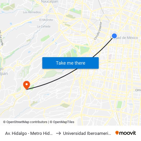 Av. Hidalgo - Metro Hidalgo to Universidad Iberoamericana map