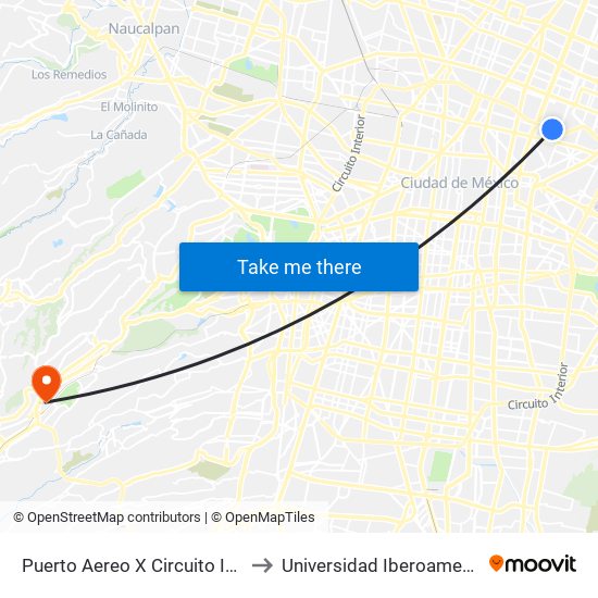 Puerto Aereo X Circuito Interior to Universidad Iberoamericana map