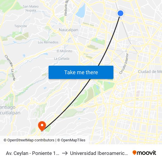 Av. Ceylan - Poniente 140 to Universidad Iberoamericana map