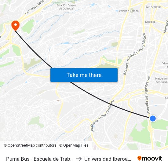 Puma Bus - Escuela de Trabajo Social to Universidad Iberoamericana map
