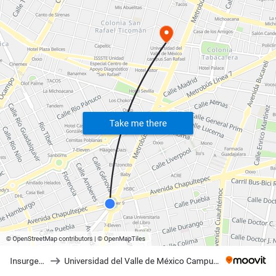 Insurgentes to Universidad del Valle de México Campus San Rafael map