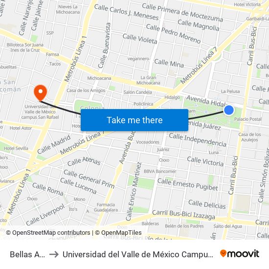 Bellas Artes to Universidad del Valle de México Campus San Rafael map
