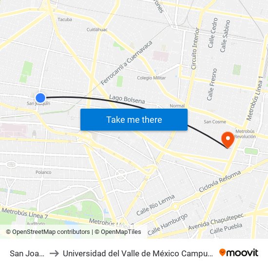 San Joaquín to Universidad del Valle de México Campus San Rafael map