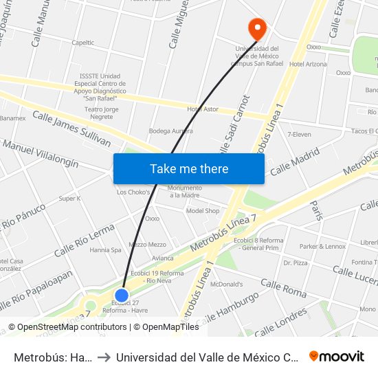 Metrobús: Hamburgo to Universidad del Valle de México Campus San Rafael map