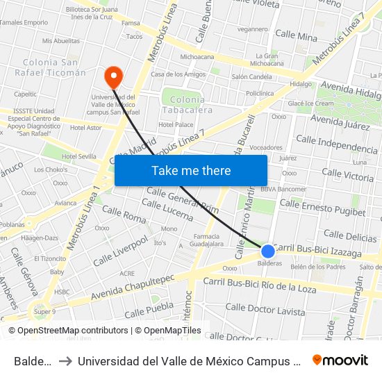 Balderas to Universidad del Valle de México Campus San Rafael map