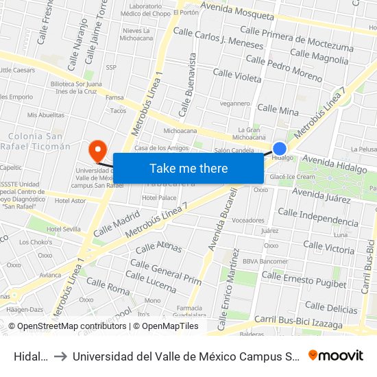 Hidalgo to Universidad del Valle de México Campus San Rafael map