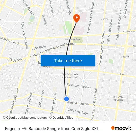 Eugenia to Banco de Sangre Imss Cmn Siglo XXI map