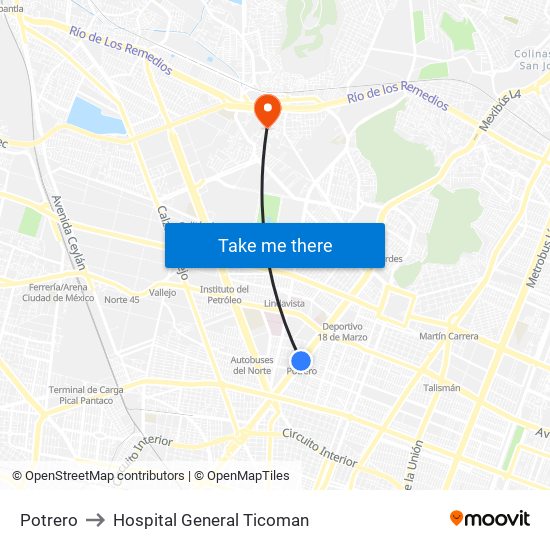 Potrero to Hospital General Ticoman map