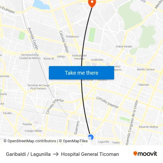 Garibaldi / Lagunilla to Hospital General Ticoman map