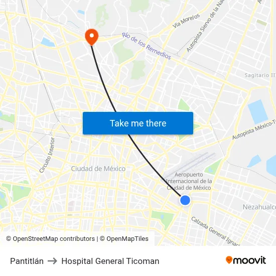 Pantitlán to Hospital General Ticoman map
