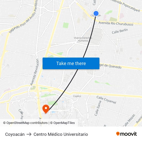 Coyoacán to Centro Médico Universitario map