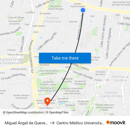 Miguel Ángel de Quevedo to Centro Médico Universitario map