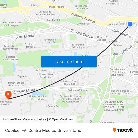 Copilco to Centro Médico Universitario map