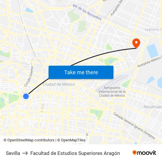 Sevilla to Facultad de Estudios Superiores Aragón map