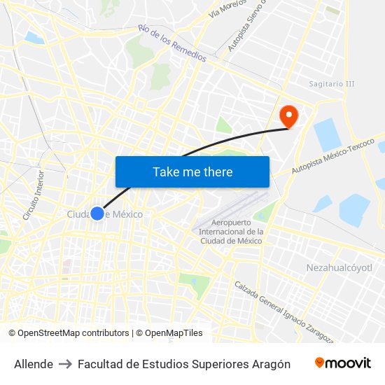 Allende to Facultad de Estudios Superiores Aragón map